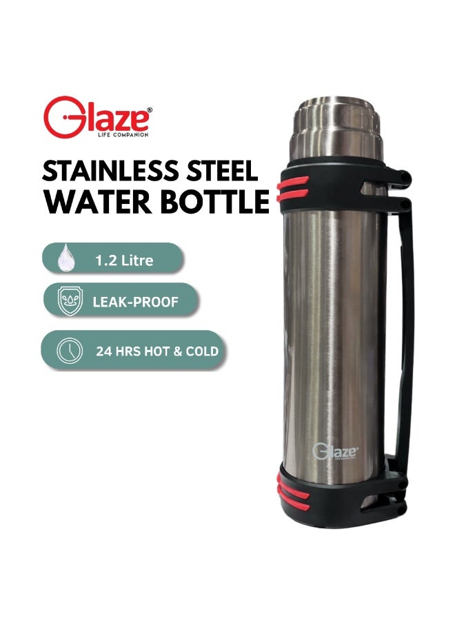 جليز قارورة ماء من الستانلس ستيل بسعة 1.2 لتر بعزل فراغي، ترمس للمشروبات الساخنة والباردة، كوب سفر مانع للتسرب، قارورة محمولة للقهوة والشاي للمكتب، السيارة، الصالة الرياضية والنشاطات الخارجية – فضي - Image 2